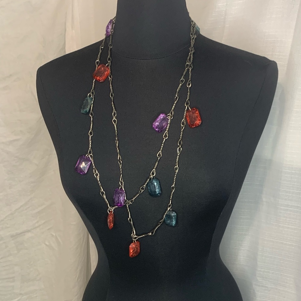Vintage Vivid Colorful Charm Necklace with Large Emerald Cut Drops, GUC, 66”